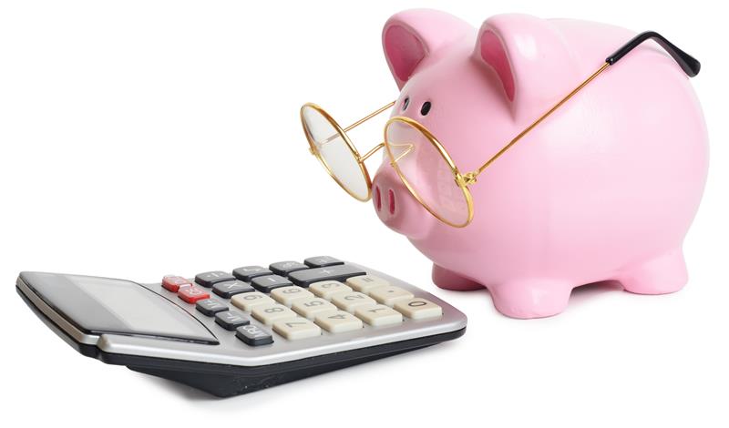 Piggybank and calculator. Isolated on white background